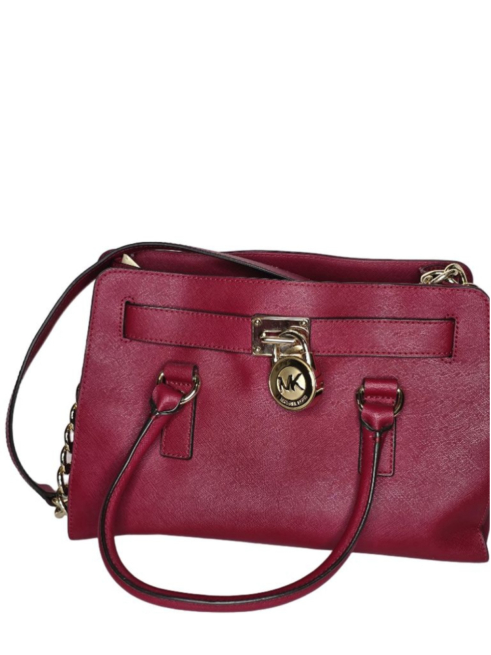 Michael Kors Red Saffiano Leather Satchel Crossbody Bag Gold Lock Charm - Picture 2 of 13